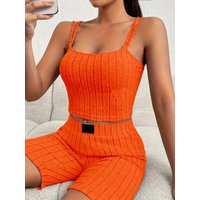 Women's Orange Ribbed 2-Piece Set - Double Strap Crop Cami Top & High Waist Shorts Casual Summer Outfit
