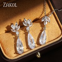 ZAKOL Shiny Water Drop Cubic Zirconia Dangle Necklace Earring for Women Stylish Flower Shape Bridal Set Wedding Jewelry