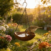 Retro Style Wood Grain Bird Feeders S Hooks Thickened Iron Chains Bird Watering Device Plastic Open Bowl-shaped Bird Bathtub