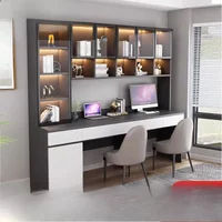 Premium Double desk, bookshelf integrated table, light luxury desk with glass bookcase, computer desk, home desktop study