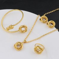 New Fashion Stainless Steel Gold Color Interlocking Circles Roman Numbers Jewelry Sets Women 4pcs Waterproof Jewelry Set Gift
