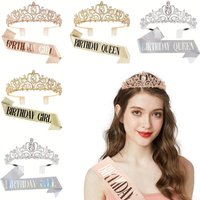 2pcs/Set Bling Rhinestone Crystal Crown Tiara Birthday Girl Queen Sash and Crown for Women Birthday Party Decoration Kit
