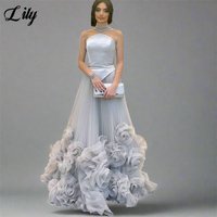Lily Light Gray Evening Dresses Halter - Neck Pleated Tulle Formal Occasion Dresses with 3D Floral Dresses For Prom Customized