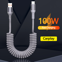 25CM To 1.5M Car Spring Charge Cable 100W Fast Charging USB C To Type C Cable For iPhone 16 15 Huawei Xiaomi Samsung Type C Cord