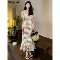 French Style Dots Sets Women Summer Sweet Girls V-neck Crop Tops High Waist Ruffles Design Fashion Casual Daily Holiday Popular