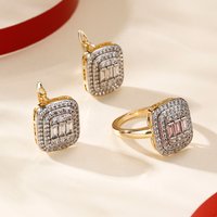 Square inlaid zircon earrings and rings luxury set fashion jewelry copper plated 14K gold anniversary bridal dress jewelry