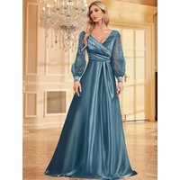 Luxury Blue V-Neck SequinS Evening Dress 2025 Elegant Women Party Maxi Dress Long Sleeve Cocktail Dress Prom Graduation Gowns