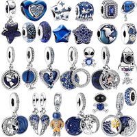 Hot Sale 925 Silver Blue Starry Sky Series Charms Beads,Spaceman Rocket Alien Globe Heart,Women DIY Jewelry Cosmic Theme Gifts.
