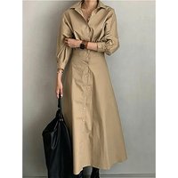 Modigirl Women Casual Long Shirts Dresses 2025 Summer Spring Clothes Khaki Puff Sleeves Botton Simple Maxi Dresses for Women