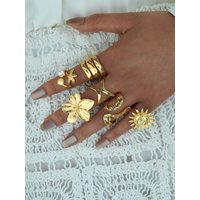 New 6pcs Gold Color Starfish Sun Flower Rings For Women Geometric Irregular Imitation Pearls Rings Set Trendy Party Jewelry Gift