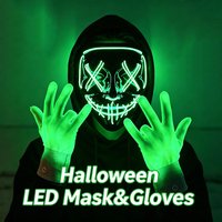 Wireless LED Neon Purge Mask & Fiber Optic Gloves, Scary Glow In Dark Mask for Halloween Carnival Cosplay Bar Birthday Party
