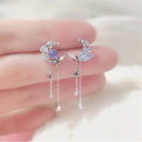Delicate Cute Zircon Moon Tassel Butterfly Stud Earrings For Women Korean New Fashion Asymmetric Earrings Party Jewelry Gifts