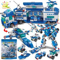 HUIQIBAO 700PCS 8in1 Stadt Polizei Befehl Lkw Bausteine Polizist Roboter Auto Hubschrauber Modell Ziegel Spielzeug für Kinder
