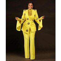 Yellow Crystals Women Suit Pants Set 2 Piece Blazer+Trousers Cotton Business Formal Office Jacket Customized Wedding Prom Coat