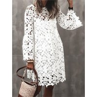 Fashion Lace Hook Flower Hollow Dress Lady Elegant Long Sleeve O-Neck Dresses For Women Casual Holiday Party Skirt Summer New