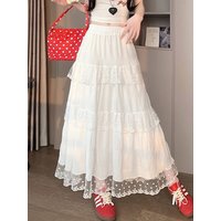 Lace Patchwork White Long Skirt Women High Waist Sweet Vintage Skirts Summer Elegant French Preppy Style Lady A Line Long Skirts