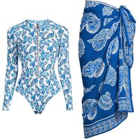 New 2Pc Print Long Sleeve Swimsuit With Sarong Sexy Women Swimwear Female Push Up Bikini Surfing Suit Zipper Bodysuit Beachwear