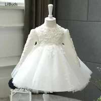 One Year Old Baby Birthday Princess DressWedding Kids Spring And Autumn Children FloweHigh-End Long Sleeve Whiter Girl