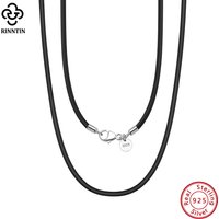 Rinntin Echte italienische 2 mm schwarze Lederband-Kette für Damen und Herren mit 925er-Sterlingsilber-Verschluss, Modeschmuck SC62