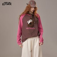 ELFSACK 2025 Winter New Arrivals Casual Cute Cartoon Embroidery Color Block Panel Long Sleeve T Shirt For Woman