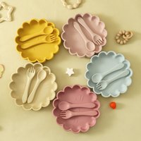 3PC Baby Silicone Tableware Set Cute Lion Shape Suction Plate Solid Color Spoon Fork Feeding Training Baby Dinner Set
