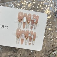 Pink French Style Tip False Nails 10PCS Handmade Elegant Cat Eyes Press on Nail with Bowknot for Christmas Party DIY Manicure