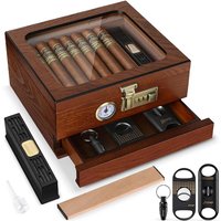 Cigar Humidor, Cedar Wood Cigar Box, Glass Top Desktop Humidor with Front Hygrometer, Humidifier, Divider, Drawer and Lock