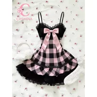 Summer Japanese Kawaii Sweet Mini Dress Women Plaid Strapless Lace Trim Elegant Sexy Dress Female Korean Chic Popular Clothes