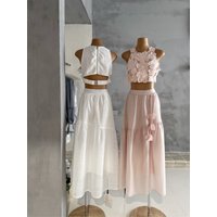 ANAN Queenstown Heavy Embroidery Short Sleeve Top with Belted Skirt Floral Print Summer Fashion Set Women's High Waist