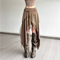 SylCue Ruched Elegant Long Skirts Women High Street Style Solid Irregular Split Hem High Waist New Fashion Causal Simple Bottoms