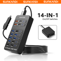 SUNKANDI 14-in-1 Powered USB Hub, USB Data Hub LED Individual On/Off USB 3.0, USB 2.0, USB-A/C Charging for Computer Laptop