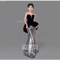 Kids Black Mermaid Tail Party Dress Birthday Pageant Model Show Evening Formal Clothes Gown for Piano Children Performance Host