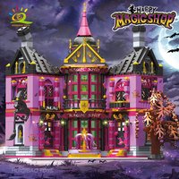HUIQIBAO Halloween Hexe Haus Wizard Bar Magic Shop Micro Modell Baustein Stadt DIY Shop Montage Ziegel Spielzeug für Kinder