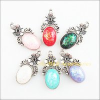 6Pcs Tibetan Silver Plated Retro Flower Mixed Oval Resin Charms Pendants 15x29mm