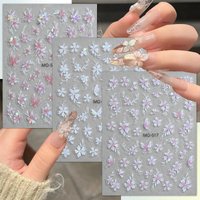 3/6 Sheets 5D Iridescent Flower Butterfly Nail Art Stickers Self-Adhesive Embossed Floral Decals for DIY Manicure