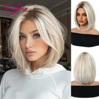 Platinum Blonde Ombre Middle Part Short Straight Bob Synthetic Wig for Women Heat Resistant Hair for Daily Party Cosplay
