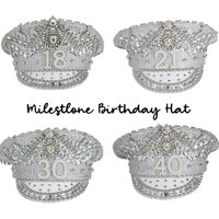 Custom Milestone Rhinestone Captain Military Hat Crown 18th 21st 30th 40th 50th 60th Birthday Party decoration Keepsake Gift