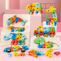 1PCS 3D Puzzle Wooden Dinosaur Animal Jigsaw Puzzle Early Education Color Sorting Learning Educational Toys For Toddlers Gift