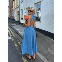 JIAYAN Elegant Backless Blue Denim Dress Women Fashion O Neck High Waist Sleeveless A Line Maxi Vestidos 2026 Spring Long Robes