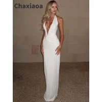 Chaxiaoa Halter Deep V Neck Sexy Maxi Dress Women Gown Elegant Off-shoulder Backless Sleeveless Ruched Skinny Club Party Dresses