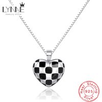 New Fashion 925 Sterling Silver Black Grid Heart Pendant Neckalces Women&Girl Jewelry Gift Chessboard Design Love Choker Chain