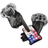 AliExpress NONE Winter women's imitation rabbit fur mouth PU gloves with velvet insulation cycling driving touch screen full finger