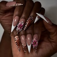 24pcs Simple Stiletto False Nails Tips Wearable Leopard Print Flower Long Almond Fake Nail Art French Brown Press on Nails Sets