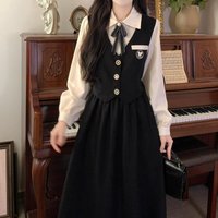 CGC Korean Fashion Preppy Style Women's Casual Dresses Faux Two-Piece Lolita Long Dress Long Sleeve Kawaii Female Clothing