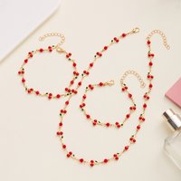 Trendy Red Cherry Pendant Bracelet Set for Women Exquisite Zircon Heart Bracelet Anklet Necklace Wedding Jewelry Party Gift