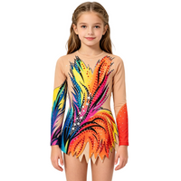Girls Rhythmic Gymnastics Leotard Long Sleeve Colorful Feather Print Rhinestone Competition Performance Figure Skating Dress Kid