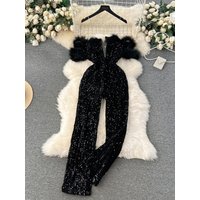 Women Off Shoulder Elegant Plush Spliced Sequins Top Light Luxury Temperament High Waist Wide Leg Pants Jumpsuit