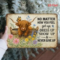Highland Cow Vintage Wooden Sign 2D Flat Wall Art, Rustic Farmhouse Decor with Flowers Butterflies, Vibrant Colors Textured Surf