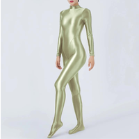 Women Solid Color Zentai High neck stretch glossy Sports Yoga Oily bodysuit Cosplay Shiny smooth Back zipper Tights jumpsuit