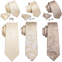 Barry.Wang Jacquard White & Champagne Men's Tie With Pocket Square Cufflinks Set Exquisiet Necktie For Male Wedding Business